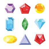 Gem set. Icon gem. Ruby, emerald, sapphire, diamond, brilliant, aquamarine different shapes, isolated on the white background. Vector jewels.