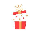 Gift box exploding with sparkles and confetti. Vector flat icon illustration for birthday, christmas, promotions, contests, marketing, etc