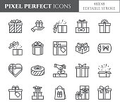 Gift boxes icons set with editable stroke - black outline transparent elements of wrapped and decorated presents.