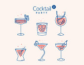 CCOCKTAIL glasses minimal vector thin line illustration. Six refreshing cocktails with ice cubes and lemons. Party in the club. Created for menu designs. Set of alcoholic drinks like Mojito or Martini