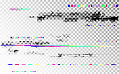 Glitch digital distortion on transparent backdrop. Color shapes template. Horizontal random elements. No signal VHS noise. Pixel distorted texture. Vector illustration