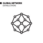 Global Network Line Icon, Outline Vector Symbol Illustration. Pixel Perfect, Editable Stroke.