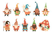 Gnome characters. Cute festive dwarfs with different attributes decoration yard collection, xmas fairy tale gnomes with lanterns and garden tools in hats colorful cartoon vector set