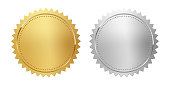 Golden and silver stamps isolated on white background. Luxury seals. Vector design elements.