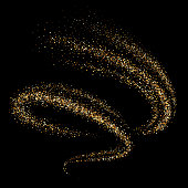Golden shimmering swirl, vortex or spiral. Glittering star dust trail. Magic sparkling lines