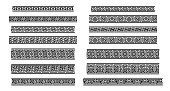 Greek Key seamless borders. Traditional meander patterns. Collection of ancient roman style frames. Vector illustration of geometric tileable motives