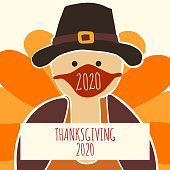Greeting card template Thanksgiving 2020. Fully editable vector illustration. Turkey wearing a face mask. Stay home, social distancing design. Flyer, poster, greeting card, social media post