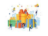 Group of happy people with pile of big gift box, online reward, vector illustration concept, can use for landing page