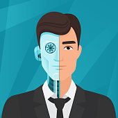 Half cyborg, half human man businessman vector illustration.