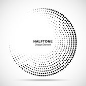 Halftone circle frame abstract dots logo emblem design element for medical, treatment, cosmetic. Round border Icon using halftone circle dots raster texture. Vector illustration.