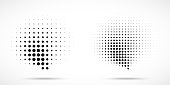 Halftone dots curved gradient pattern texture isolated on white background set. Curve dotted spots using halftone circle dot raster texture collection. Vector blot half tone illustration.