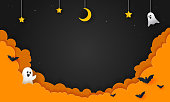 Halloween Night Background Vector illustration. Spooky ghost with night sky, paper art style