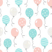 Hand drawn seamless pattern with cute blue and pink party air balloons. Сolorful doodle vector illustration for Birthday, baby room, greeting card, invitation, wallpaper, wrapping paper, packaging.