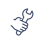 Hand holding wrench thin line icon