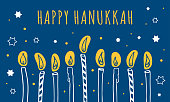 Hanukkah greeting template. Nine candles and wishing. Hand drawn sketch illustration