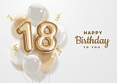 Happy 18th birthday gold foil balloon greeting background.