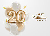 Happy 20th birthday gold foil balloon greeting background.