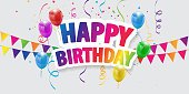 Happy Birthday balloons Colorful celebration background with confetti.