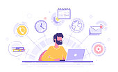 Happy business man with multitasking skills sitting at his laptop with office icons on a background. Freelance worker. Multitasking, time management and productivity concept. Vector illustration.