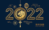 CNY 2022 Happy Chinese New Year text translation, golden tiger cat, lanterns and clouds, flower arrangements on blue background. Vector lunar festival decorations, China spring holiday mascots