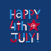 Happy July 4th. USA Independence day retro colored greeting card. Hand-lettered poster.