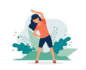 Happy woman exercising in the park. Vector illustration in flat style, concept illustration for healthy lifestyle, sport, exercising.
