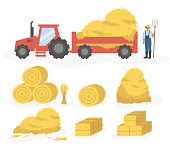 Hay harvesting set, flat vector isolated illustration.Tractor with hay, farmer, straw, haystack and hayloft.