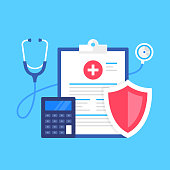 Health insurance. Vector illustration. Medical protection, medical insurance concepts. Flat design. Clipboard with healthcare document, stethoscope, calculator and shield