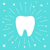 Healthy white tooth icon. Round line circle. Oral dental hygiene. Children teeth care. Shining effect sparkle stars. Flat design. Blue background.