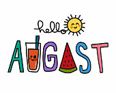 Hello August word and cute sun cartoon vector illustration