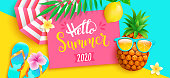 Hello summer 2020 bright greeting banner.
