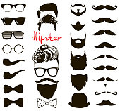Hipster fashion doodle set. haircuts, beards, glasses, bowtie, mustaches and pipe