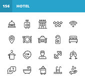 Hotel Line Icons. Editable Stroke. Pixel Perfect. For Mobile and Web. Contains such icons as Hotel, Service, Luxury, Hotel Reception, Taxi, Restaurant, Bed, Towel, Support, Swimming Pool, Bath, Location, Beach, Key, Breakfast, Receptionist, Hostel.