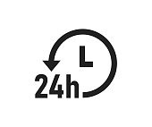 24 hour service logo. 24h delivery icon. Always open symbol. Support online in vector flat