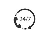 24 7 icon with phone symbol. Support service in clock style. 24h contact center with arrow. Work time. Open icon in flat design in circle. Isolated mobile phone with work hours. Vector EPS 10.