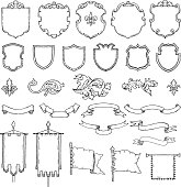 Illustrations of armed medieval vintage shields. Vector heraldic frames and ribbons