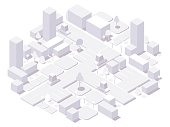 Isometric city white concept. 3d dimensional buildings and cars,trees and elements isolated on white