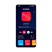 Jazz radio smartphone interface vector template. Mobile music player app page black design layout. Retro songs albums, playlists listening screen. Flat UI for application. MP3 player. Phone display
