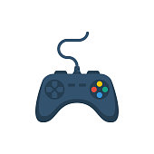 Joystick flat icon. Playing online. Gamepad cartoon icon. Game controller.