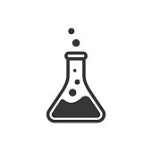 Laboratory beaker icon. Chemical experiment in flask. Сhemistry and biology symbol. Flask vector illustration. Science technology. Isolated black object on white background.