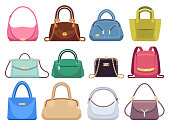 Ladies bags. Womens handbags with fashion accessories. Leather female clutch and purse vintage vector flat set