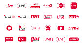 Large set of Red live streaming icons. Live stream, broadcast. Live video streaming. Social media live badge. Online webinar, Broadcasting. Template for tv, shows, movies and live performances