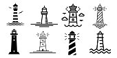 Lighthouse minimalistic flat line stroke outline vector icon set