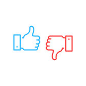 Like and dislike icons. Blue thumbs up and red thumbs down button. Simple linear outline style graphic elements. Social network, unlike, yes, recommend, good review, feedback concepts. Vector line icons set isolated on white background