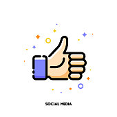 A like button for social networking services, internet forums, news websites and blogs. Icon with thumbs up. Flat filled outline style. Pixel perfect 64x64. Editable stroke