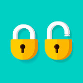 Lock open and lock closed vector icons, flat cartoon padlocks design isolated clipart