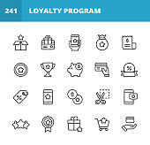 Loyalty Program Line Icons. Editable Stroke. Pixel Perfect. For Mobile and Web. Contains such icons as Gift Box, Loyalty Card, Money, Savings, Marketing, Customer Experience, Payments, Piggy Bank, Promotion, Five Star Rating, Credit Card, Shopping.