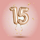 Luxury Pink Greeting celebration fifteen years birthday Anniversary number 15 foil gold balloon. Happy birthday, congratulations poster.   Golden numbers with sparkling golden confetti