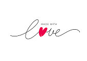 Made with love lettering with heart symbol. Hand drawn black line calligraphy.