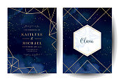 Magic night dark blue cards with sparkling glitter and line art.